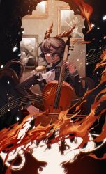 Rule 34 | 1boy, absurdres, animal ears, arknights, bishounen, black hair, black suit, bojiboki, double bass, ebenholz (arknights), fire, formal, frills, goat boy, goat ears, goat horns, highres, horns, instrument, male focus, music, musical note, photo (object), playing instrument, purple eyes, sad, sheet music, short hair, solo, suit