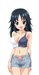 Rule 34 | 1girl, artist request, bare shoulders, black hair, blue eyes, blue shorts, blush, breasts, character request, cleavage, collarbone, copyright request, denim, highleg, highleg panties, jeans, long hair, looking at viewer, medium breasts, midriff, navel, open fly, open mouth, panties, pants, shorts, smile, solo, tank top, two-tone shirt, underwear, white background, white panties