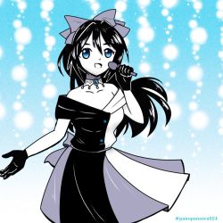 Rule 34 | 1girl, :o, aqua background, aqua eyes, artist name, artist request, back bow, bare shoulders, belt, black dress, black gloves, black hair, black skirt, blue eyes, blush, bow, bow hairband, breasts, brooch, brown hair, buttons, choker, collarbone, diamond (gemstone), dress, drop earrings, earrings, evening gown, female focus, gloves, grey belt, grey bow, grey skirt, hair between eyes, hair bow, hairband, half updo, high ponytail, holding, holding microphone, jewelry, lace, lace gloves, long hair, looking at viewer, love live!, love live! nijigasaki high school idol club, love live! school idol festival, microphone, miniskirt, multicolored clothes, multicolored dress, off-shoulder dress, off shoulder, osaka shizuku, parted lips, plaid, plaid dress, plaid skirt, pleated, pleated dress, pleated skirt, ponytail, skirt, sleeveless, sleeveless dress, small breasts, smile, solitude rain (love live!), solo, two-tone dress, white background, white bow, white choker, white dress, white skirt