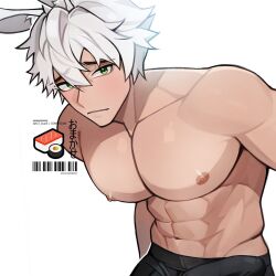 Rule 34 | 1boy, abs, animal ears, bara, barcode, black male underwear, boxer briefs, bulge, closed mouth, erection, erection under clothes, food, frown, green eyes, gt dune, hair between eyes, highres, large pectorals, leaning forward, looking at viewer, male focus, male underwear, muscular, muscular male, navel, nipples, original, pectorals, rabbit boy, rabbit ears, short hair, simple background, solo, sushi, topless male, twitter username, underwear, upper body, white background, white hair
