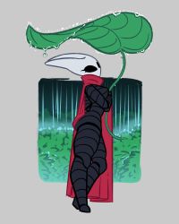 Rule 34 | 1girl, absurdres, black bodysuit, black eyes, bodysuit, cape, contrapposto, highres, holding, holding leaf, hollow knight, hornet (hollow knight), leaf, loen, looking at viewer, rain, red cape, solo, standing
