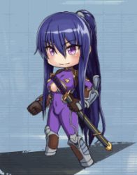 Rule 34 | 1girl, akiyama rinko, animated, animated gif, blue hair, blush, bodysuit, boots, bouncing breasts, breasts, chibi, cleavage, cleavage cutout, clothing cutout, full body, gloves, high ponytail, holding, holding sword, holding weapon, katana, large breasts, lilith-soft, long hair, looking to the side, lowres, ponytail, purple eyes, simple background, smile, standing, sword, taimanin (series), taimanin rpgx, taimanin yukikaze, very long hair, weapon