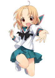 Rule 34 | 1girl, a channel, ahoge, blonde hair, happy, jumping, looking at viewer, momoki run, official art, open mouth, red eyes, school uniform, shoes, simple background, skirt, smile, solo, white background