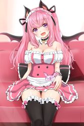 Rule 34 | 1girl, nanashi inc., absurdres, animal ears, animare, apron, bat ears, bat necklace, bat wings, black choker, black thighhighs, blush, breasts, choker, cleavage, commentary request, couch, detached collar, detached sleeves, dress, ex idol, fangs, feet out of frame, frilled thighhighs, frills, gradient background, head tilt, highres, large breasts, long hair, looking at viewer, maid headdress, name tag, open mouth, pink dress, pink hair, puffy short sleeves, puffy sleeves, purple eyes, short sleeves, sitting, smile, solo, strapless, strapless dress, thighhighs, umori hinako, very long hair, virtual youtuber, waist apron, wings