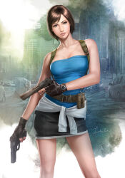 Rule 34 | 1girl, artist name, bare arms, bare shoulders, belt, black gloves, black skirt, blue eyes, blue tube top, breasts, brown hair, car, city, cleavage, collarbone, contrapposto, desert eagle, dual wielding, fingerless gloves, gloves, gun, hand up, handgun, highres, holding, holding gun, holding weapon, jill valentine, john law bc, lips, looking at viewer, medium breasts, miniskirt, motor vehicle, outdoors, parted bangs, parted lips, pouch, realistic, resident evil, resident evil 3, resident evil 3: nemesis, ruins, shirt, signature, skirt, solo, standing, strapless, taut clothes, tied shirt, trigger discipline, tube top, utility belt, watch, weapon, wristwatch