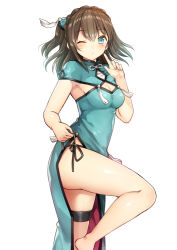 Rule 34 | 1girl, aqua eyes, bare arms, black panties, braid, breasts, brown hair, capelet, china dress, chinese clothes, cleavage, dress, index finger raised, kurata rine, looking at viewer, medium breasts, one eye closed, original, panties, side-tie panties, simple background, solo, standing, standing on one leg, thigh strap, underwear, untying, white background