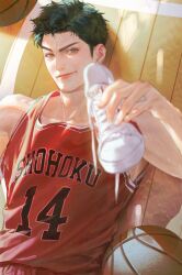 Rule 34 | 1boy, ball, basketball (object), black hair, brown eyes, closed mouth, holding, holding shoes, jnkku, looking at viewer, lying, male focus, mitsui hisashi, muscular, muscular male, on back, red tank top, shoes, short hair, sideburns, slam dunk (series), smile, solo, sportswear, tank top, upper body