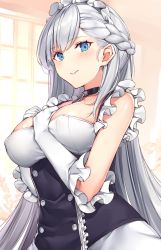 Rule 34 | 1girl, azur lane, bare shoulders, belfast (azur lane), blush, braid, breasts, buttons, chain, cleavage, closed mouth, collar, collarbone, corset, elbow gloves, french braid, frilled gloves, frills, gloves, hand on own chest, highres, kaerunoko, large breasts, long hair, looking at viewer, maid, maid headdress, silver hair, solo, white gloves