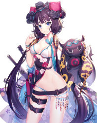 Rule 34 | 1girl, bare shoulders, bikini, bracelet, breasts, breasts apart, closed mouth, collarbone, commentary request, cowboy shot, creature, fate/grand order, fate (series), floral print, goggles, goggles on head, groin, hair ornament, hand up, highres, jewelry, katana, katsushika hokusai (fate), katsushika hokusai (swimsuit saber) (fate), long hair, looking at viewer, medium breasts, purple eyes, purple hair, ririko (zhuoyandesailaer), sheath, sheathed, simple background, skindentation, smile, standing, swimsuit, sword, thigh strap, tokitarou (fate), very long hair, weapon, white background, white bikini