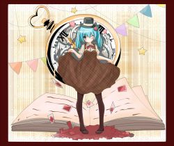 Rule 34 | 1girl, aqua eyes, aqua hair, bad id, bad pixiv id, blush, book, card, colorized, dress, gears, hat, hatsune miku, head tilt, heart, highres, ikameshi (ika meshi), long hair, looking at viewer, mary janes, mikuma, one eye closed, pantyhose, pigeon-toed, pocket watch, shoes, skirt hold, smile, solo, star (symbol), twintails, vocaloid, watch, wink