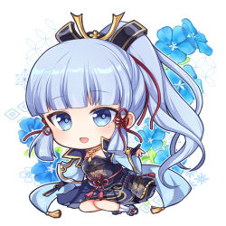 Rule 34 | 1girl, arm guards, armor, armored dress, ayaka (genshin impact), blue eyes, blue flower, blue hair, blue jacket, blunt bangs, breastplate, bridal gauntlets, chibi, commentary request, elbow gloves, floral background, flower, flower knot, full body, genshin impact, gloves, hair ornament, hair ribbon, jacket, japanese armor, kote, light blue hair, long hair, looking at viewer, maru itsuki, neck tassel, open mouth, outstretched hand, partially fingerless gloves, ponytail, ribbon, smile, solo, tassel, tress ribbon, white background, wide sleeves