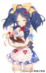 Rule 34 | 1girl, apron, bad id, bad pixiv id, baking, blue dress, blue hair, bow, breasts, byulzzi, chocolate, cleavage, dress, closed eyes, hair bow, hair ornament, hairclip, long hair, mixing bowl, official art, sengoku gensoukyoku, small breasts, smile, solo, spatula, thighhighs, twintails, watermark, white background, white thighhighs