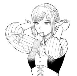 Rule 34 | 1girl, braid, corset, elf, facing viewer, greyscale, highres, monochrome, mouth hold, nakahara roku, original, parted bangs, pointy ears, ribbon, ribbon in mouth, short hair, solo, upper body