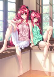 Rule 34 | 00s, 2girls, :d, ahoge, back-to-back, barefoot, beads, blush, camisole, capri pants, casual, corticarte apa lagranges, dual persona, feet, flat chest, hair intakes, hair ribbon, jewelry, kannatsuki noboru, hugging own legs, leg up, legs, light rays, lipstick, long hair, long legs, makeup, mature female, multiple girls, necklace, official art, aged up, open mouth, pants, red eyes, red hair, ribbon, shinkyoku soukai polyphonica, shorts, sitting, smile, sunbeam, sunlight, thighs, very long hair, window, aged down