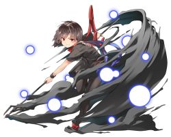 Rule 34 | 1girl, asymmetrical wings, back cutout, bad id, bad twitter id, black dress, black hair, black thighhighs, bow, brown footwear, clothing cutout, commentary request, danmaku, dress, footwear bow, full body, grin, hasebe yuusaku, highres, holding, holding weapon, houjuu nue, leg lift, looking at viewer, polearm, red bow, red eyes, shoes, short dress, short hair, short sleeves, simple background, smile, solo, standing, standing on one leg, teeth, thighhighs, touhou, trident, weapon, white background, wings, wristband