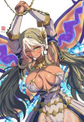Rule 34 | 1girl, andromeda (fate), andromeda (first ascension) (fate), bare shoulders, blonde hair, breasts, cleavage, dark-skinned female, dark skin, fate/grand order, fate (series), green eyes, grin, iron samurai, large breasts, long hair, looking at viewer, smile, solo, white hair