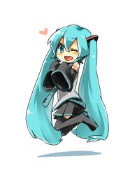 Rule 34 | 1girl, aqua eyes, aqua hair, bad id, bad pixiv id, blush stickers, boots, detached sleeves, fang, full body, hair ornament, hatsune miku, heart, jumping, long hair, long sleeves, necktie, open mouth, solo, thigh boots, thighhighs, very long hair, vocaloid, wink, yoplait