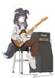Rule 34 | 1girl, absurdres, alternate costume, animal ears, black hair, blue archive, blush, casual, closed mouth, commentary request, dog ears, dog girl, dog tail, electric guitar, full body, guitar, halo, hibiki (blue archive), highres, holding, holding instrument, hood, hoodie, instrument, long hair, looking at viewer, marks (dmhunsu10), music, playing instrument, shoes, simple background, smile, sneakers, solo, tail, white background