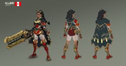 Rule 34 | 1girl, black cape, black hair, braid, cape, character name, commentary, concept art, dark-skinned female, dark skin, english commentary, english text, highres, illari (overwatch), long hair, official art, open hand, overwatch, overwatch 2, peruvian flag, second-party source, simple background, solo, v-shaped eyebrows, weapon
