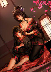 Rule 34 | 2girls, age difference, as109, breasts, brushing hair, cherry blossoms, chinese clothes, ching nu yu hun 2, cleavage, colored eyelashes, dutch angle, female focus, hanfu, highres, japanese clothes, kimono, lantern, large breasts, long hair, long legs, mother and daughter, multiple girls, off shoulder, original, petals, red eyes, sitting