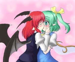 Rule 34 | 2girls, blush, closed eyes, daiyousei, demon, demon girl, demon wings, dress, embodiment of scarlet devil, facing another, fairy, fairy wings, female focus, french kiss, gomi (pixiv), gradient background, green eyes, green hair, hair ornament, hair ribbon, head wings, isaki (gomi), kiss, koakuma, long hair, long sleeves, matching hair/eyes, medium hair, multiple girls, parted lips, pointy ears, red hair, ribbon, short sleeves, side ponytail, standing, surprise kiss, surprised, tongue, tongue out, touhou, upper body, wings, yellow ribbon, yuri