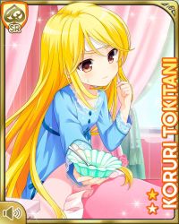 Rule 34 | 1girl, bed, bedroom, blonde hair, blue dress, card (medium), character name, closed mouth, dress, earrings, girlfriend (kari), indoors, jewelry, long hair, looking at viewer, official art, pink ribbon, pout, qp:flapper, ribbon, sick, sitting, sleepwear, sleeves past wrists, solo, tagme, tokitani koruri, twintails, yellow eyes