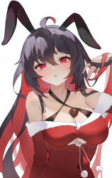 Rule 34 | 1girl, :o, ahoge, animal ears, bare shoulders, black hair, breasts, cleavage, clothing cutout, commentary request, dress, fur-trimmed dress, fur trim, hair between eyes, hand up, highres, honkai (series), honkai impact 3rd, kemonomimi mode, long hair, looking at viewer, medium breasts, multicolored hair, off-shoulder dress, off shoulder, parted lips, rabbit ears, red dress, red eyes, red hair, seele vollerei, simple background, solo, two-tone hair, underboob cutout, upper body, very long hair, white background, yuan zhen (user pnhx4422)