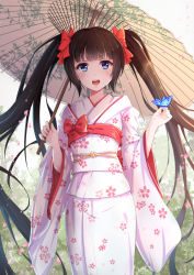 Rule 34 | 1girl, :d, bad id, bad pixiv id, black hair, blue eyes, bow, bug, butterfly, butterfly on hand, byakuya reki, hair bow, hair ribbon, holding, bug, japanese clothes, kimono, long hair, looking at viewer, oil-paper umbrella, open mouth, original, pixiv fantasia, pixiv fantasia t, revision, ribbon, smile, solo, twintails, umbrella, very long hair