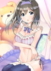 Rule 34 | 1girl, :o, bare arms, bare shoulders, black hair, blue eyes, blue thighhighs, blurry, blurry background, blush, bow, bowtie, bra, breasts, brooch, cleavage, curtains, depth of field, detached collar, frilled bra, frilled panties, frills, hairband, idolmaster, idolmaster cinderella girls, indoors, jewelry, large breasts, light particles, long hair, looking at viewer, navel, panties, parted lips, pillow, purple bow, purple bowtie, sagisawa fumika, side-tie panties, sitting, solo, stomach, striped bra, striped clothes, stuffed animal, stuffed toy, teddy bear, thighhighs, underwear, underwear only, zerorou (himitunoko2)