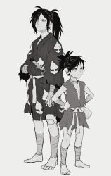 Rule 34 | 1boy, 1girl, absurdres, bandaged leg, bandages, child, closed mouth, commentary, dororo (character), dororo (tezuka), flat chest, florbetriz, full body, greyscale, hair over one eye, hands on own hips, highres, hyakkimaru (dororo), long hair, monochrome, parted bangs, ponytail, prosthesis, standing, sword, weapon