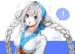 Rule 34 | !, 1girl, :o, ^^^, alternate costume, blue eyes, blush, braid, breasts, collarbone, commentary request, creatures (company), crossover, game freak, gen 1 pokemon, head scarf, japanese clothes, kimono, kizuna akari, large breasts, long hair, looking at viewer, nintendo, obi, omanyte, open mouth, pokemon, pokemon (creature), sash, sidelocks, silver hair, spoken exclamation mark, twin braids, two-tone background, upper body, v-shaped eyebrows, very long hair, voiceroid, white kimono, yodare (3yami8)