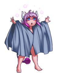 Rule 34 | 1girl, barefoot, blue eyes, commentary, dragon girl, dragon horns, drunk, full body, gradient hair, highres, horns, kanna kamui, kobayashi-san chi no maidragon, light purple hair, long hair, multicolored hair, naked towel, open mouth, outstretched arms, parody, pink hair, solo, tail, the simpsons, towel, voodoothur