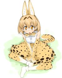 Rule 34 | 1girl, akitsuki itsuki, animal ears, bare shoulders, blonde hair, bow, bowtie, elbow gloves, full body, gloves, indian style, kemono friends, looking at viewer, medium hair, orange eyes, parted lips, serval (kemono friends), serval print, serval tail, shirt, shoes, sitting, skirt, solo, tail, traditional bowtie, white footwear, white shirt, yellow bow, yellow bowtie, yellow gloves, yellow legwear, yellow skirt