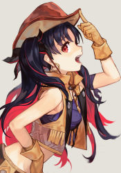 Rule 34 | 1girl, bandeau, belt, black hair, blue bandeau, breasts, cowboy hat, cowboy western, cropped vest, earrings, fate/grand order, fate (series), fingerless gloves, gloves, hat, hoop earrings, hungry clicker, ishtar (fate), jewelry, long hair, looking at viewer, medium breasts, multicolored hair, open mouth, red eyes, red hair, shorts, solo, space ishtar (fate), space ishtar (second ascension) (fate), two-tone hair, two side up, vest, yellow gloves, yellow shorts, yellow vest