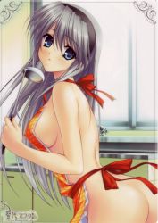 Rule 34 | 00s, 1girl, apron, ass, blue eyes, blush, breasts, clannad, highres, kitchen, ladle, long hair, naked apron, official art, sakagami tomoyo, sideboob, silver hair, solo, tomoyo after