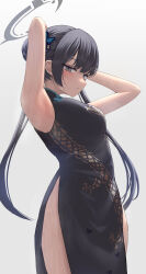 Rule 34 | 1girl, armpits, arms up, bare arms, bare shoulders, black dress, black hair, blue archive, blush, butterfly hair ornament, china dress, chinese clothes, closed mouth, commentary, double bun, dragon print, dress, grey background, grey eyes, hair bun, hair ornament, halo, highres, kisaki (blue archive), long hair, pelvic curtain, print dress, short dress, side slit, silver bullet (ecc12 8), simple background, sleeveless, sleeveless dress, solo, sweat, twintails, wallpaper