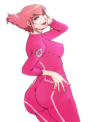 Rule 34 | 1girl, ass, barara peol, bodysuit, breasts, female focus, from behind, green eyes, gundam, gundam g no reconguista, looking at viewer, looking back, open mouth, pink hair, short hair, sideboob, smile, solo, spring rain, white background