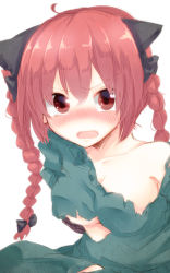 Rule 34 | 1girl, animal ears, aoi (annbi), blush, braid, breasts, cat ears, collarbone, dress, green dress, hair ribbon, highres, kaenbyou rin, looking at viewer, no bra, red eyes, red hair, ribbon, small breasts, solo, tears, torn clothes, torn dress, touhou, twin braids, underboob