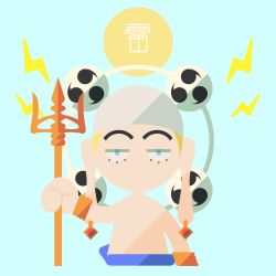 Rule 34 | 1boy, arm up, bandana, blonde hair, blue background, blue eyes, chibi, cropped torso, earrings, electricity, enel, grey headwear, half-closed eyes, holding trident, japanese text, jewelry, lightning bolt symbol, long earlobes, looking at viewer, male focus, minimalism, mitsudomoe (shape), no lineart, no mouth, one piece, polearm, sasamiman, short hair, solo, straight-on, tomoe (symbol), topless male, translation request, trident, upper body, weapon, wristband