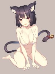 Rule 34 | 1girl, :d, animal ear fluff, animal ears, arms between legs, azur lane, bare shoulders, bell, bikini, black hair, blush, breasts, cat ears, cat tail, cleavage, collarbone, fang, grey background, highres, icomochi, large breasts, looking at viewer, navel, open mouth, red eyes, short hair, side-tie bikini bottom, simple background, sitting, skindentation, smile, solo, swimsuit, tail, tail bell, tail ornament, wariza, white bikini, yamashiro (azur lane)