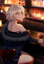 Rule 34 | 1girl, ahoge, alcohol, bar (place), black dress, blue coat, coat, collarbone, cup, dress, drinking glass, fate/grand order, fate (series), fur-trimmed sleeves, fur collar, fur trim, grey hair, hair between eyes, highres, jeanne d&#039;arc (fate), jeanne d&#039;arc alter (avenger) (fate), jeanne d&#039;arc alter (fate), looking at viewer, multicolored background, open mouth, sad, seat, solo, tavern, wine, wine glass, x-kulon, yellow eyes