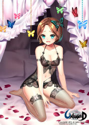 Rule 34 | 1girl, aqua eyes, arm support, armband, babydoll, bad id, bad pixiv id, bed, black joa, breasts, brown hair, bug, butterfly, butterfly hair ornament, cleavage, artistic error, fishnets, hair ornament, highres, insect, legs, lingerie, long legs, looking at viewer, navel, open mouth, petals, pillow, see-through, short hair, solo, thighhighs, thighs, underwear, underwear only, unleashed, wavy mouth