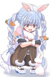 Rule 34 | 1girl, animal, animal ear fluff, animal ears, artist request, bare shoulders, black gloves, blue hair, bow, braid, carrot hair ornament, detached sleeves, dress, food-themed hair ornament, fur-trimmed gloves, fur trim, gloves, hair bow, hair ornament, highres, hololive, leotard, long hair, looking down, multicolored hair, puffy short sleeves, puffy sleeves, rabbit, rabbit ears, red eyes, short eyebrows, short sleeves, simple background, strapless, strapless dress, strapless leotard, thick eyebrows, twin braid, twintails, two-tone hair, usada pekora, very long hair, virtual youtuber, white background, white bow, white dress, white sleeves