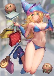 Rule 34 | 1girl, :d, arm guards, bag, bare shoulders, bikini, blonde hair, blue bikini, blue footwear, blue hat, blurry, blurry background, blush, boots, breasts, cleavage, collarbone, creature, dark magician girl, depth of field, facial mark, flying sweatdrops, green eyes, hat, holding, holding bag, jumping, knee boots, large breasts, lifted by self, long hair, looking at viewer, navel, open mouth, shopping bag, smile, solo, staff, stomach, strap lift, swimsuit, thighs, underboob, urokoda, very long hair, wizard hat, yu-gi-oh!