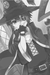 Rule 34 | 1girl, belt, candle, collar, covering own mouth, dutch angle, eyepatch, fingerless gloves, gloves, greyscale, hair between eyes, hand over own mouth, hat, highres, kono subarashii sekai ni shukufuku wo!, long sleeves, looking at viewer, megumin, mishima kurone, monochrome, novel illustration, official art, short hair with long locks, solo, staff, upper body, witch hat