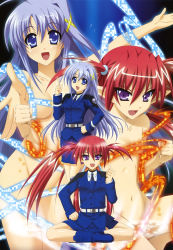 Rule 34 | 2girls, :d, absurdres, agito, agito (nanoha), ahoge, bandages, belt, blue eyes, blue hair, boots, breasts, buttons, censored, convenient censoring, formal, glowing, gradient background, groin, hair between eyes, hair censor, hair intakes, hair ornament, hairclip, hand on own hip, higa yukari, highres, index finger raised, legs, long hair, looking at viewer, low twintails, lyrical nanoha, magic circle, mahou senki lyrical nanoha force, military, military uniform, multiple girls, navel, necktie, nude, nyantype, official art, open mouth, outstretched arm, outstretched hand, pencil skirt, pointy ears, purple eyes, purple hair, quad tails, red hair, reinforce zwei, scan, scrunchie, short twintails, side slit, sidelocks, sitting, skirt, skirt suit, small breasts, smile, standing, suit, thumbs up, turtleneck, twintails, uniform, very long hair, x hair ornament
