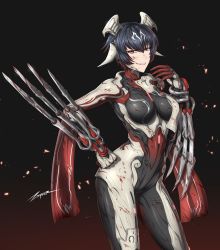 Rule 34 | 1girl, arm blade, black hair, blood, blood on clothes, blood on face, bloody weapon, bodysuit, breasts, claw (weapon), ear ornament, garuda (warframe), grin, hair between eyes, hair ornament, highres, humanization, looking at viewer, red eyes, short hair, signature, simple background, smile, solo, teeth, warframe, weapon, zxpfer