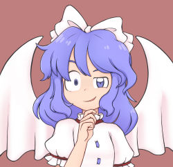 Rule 34 | 1girl, angel wings, blue eyes, blue hair, bow, breasts, brown background, buttons, closed mouth, commentary, crazy eyes, crazy smile, dress, feathered wings, frilled sleeves, frills, hair bow, hand on own chin, highres, keb00b, light blue hair, looking at viewer, mai (touhou), medium hair, puffy short sleeves, puffy sleeves, short sleeves, simple background, small breasts, smile, touhou, touhou (pc-98), upper body, white bow, white dress, white wings, wings