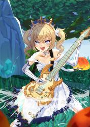 Rule 34 | 1girl, :d, absurdres, adapted costume, alternate costume, barbara (genshin impact), bare shoulders, blurry, bridal gauntlets, bush, choker, collarbone, commentary request, cross, cross choker, dd che shen, depth of field, detached sleeves, dress, electric guitar, genshin impact, grey eyes, guitar, hair between eyes, hair ornament, hat, highres, holding, holding instrument, holding plectrum, instrument, light brown hair, long hair, long sleeves, looking at viewer, open mouth, plectrum, sidelocks, slime (genshin impact), smile, strapless, strapless dress, tree, twintails, v-shaped eyebrows, white dress
