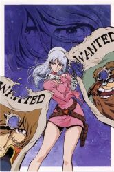 Rule 34 | 1970s (style), 1girl, 2boys, artist request, belt, blue hair, brown hair, bullet hole, character request, coat, cowboy western, dress, earrings, glasses, gloves, gun, gun frontier (western), handgun, harlock, hat, holster, jewelry, key visual, matsumoto leiji (style), multiple boys, official art, oldschool, ooyama toshiro, production art, promotional art, retro artstyle, revolver, scan, scar, scar on face, serious, teeth, traditional media, wanted, weapon